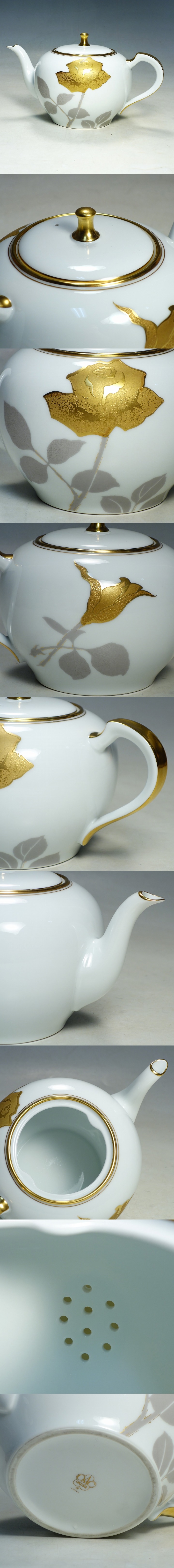 2304035【大倉陶園 OKURA オークラ】金蝕バラ ティーポット 大 茶器