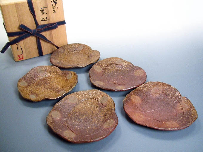 備前葉皿5客 末石泰節 共箱 栞 銘々皿 備前焼-